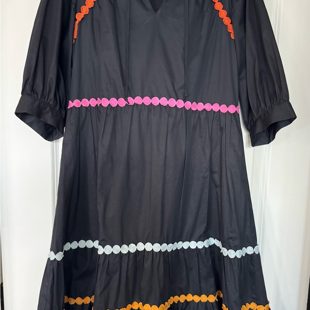CROSBY by Mollie Burch Black Midi Dress with Pink, Orange, and White Ric Rac.